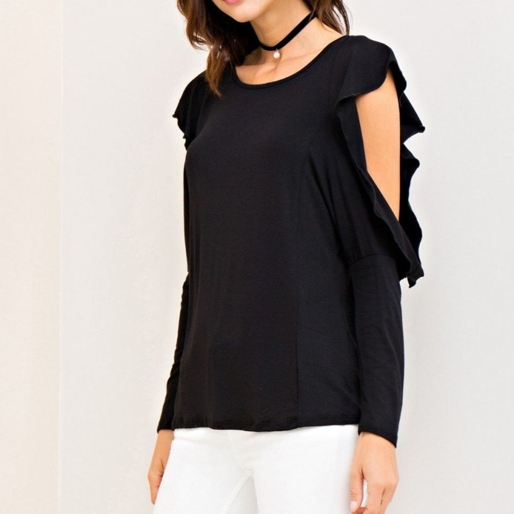 Open Shoulder Ruffle Sleeve Black Top - Picture 3 of 4